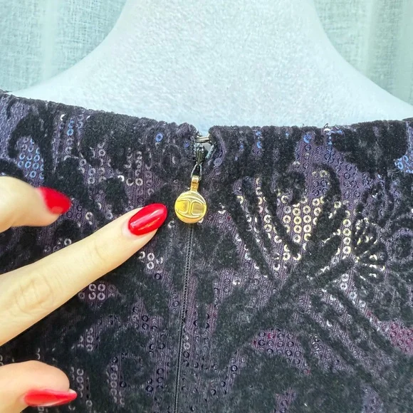 Just Cavalli black blue sequins velvet flocking long sleeve mini dress